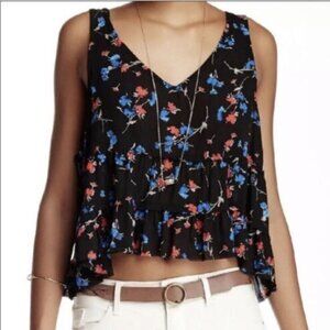 Free People S Tank Top Cropped Raven Comb Black Floral Oversized Boho Tiered New